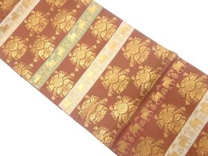 横段に花・動物更紗模様織り出し　袋帯